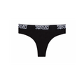 Black thong with brand logo on a white background