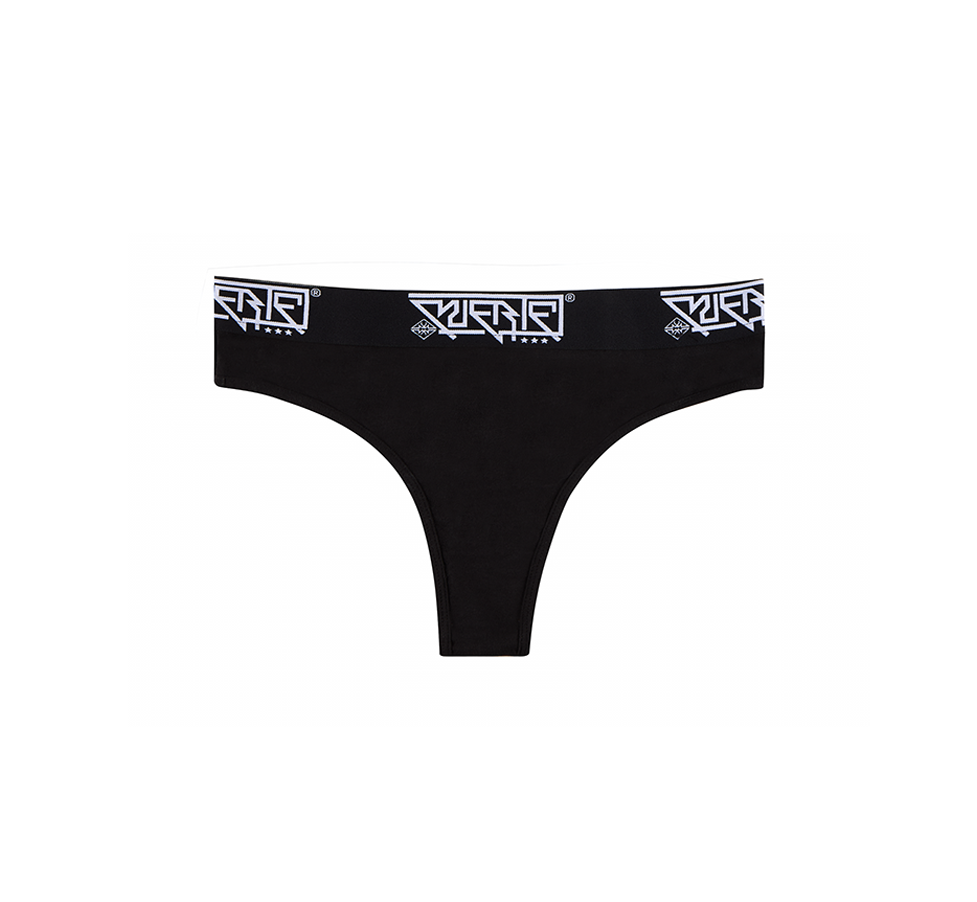 Black thong with brand logo on a white background