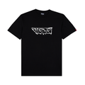 Black t-shirt with white graphic design on a white background