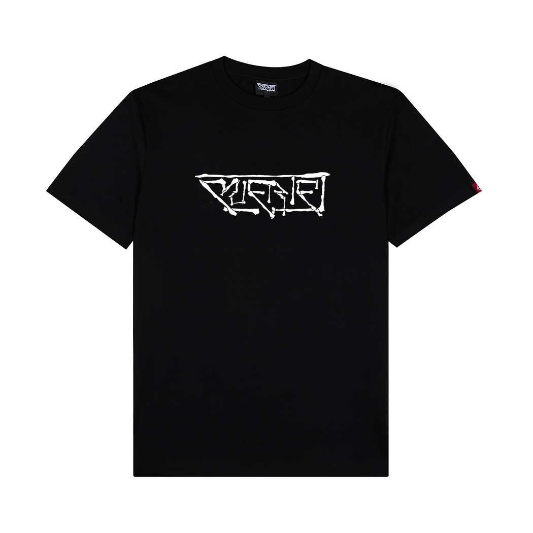 Black t-shirt with white graphic design on a white background