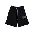 Black shorts with a white logo on a white background