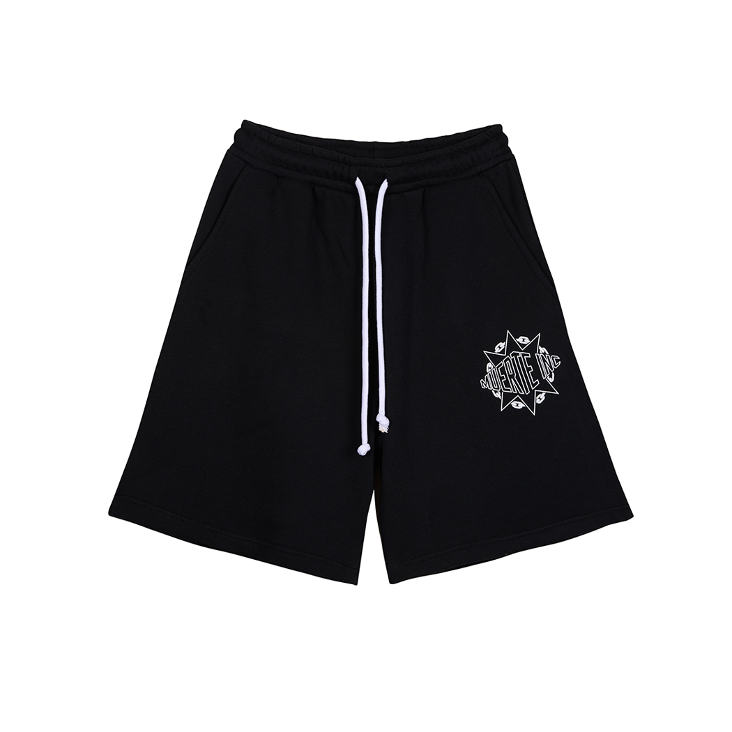 Black shorts with a white logo on a white background