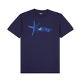 Navy blue t-shirt with a blue graphic on a white background