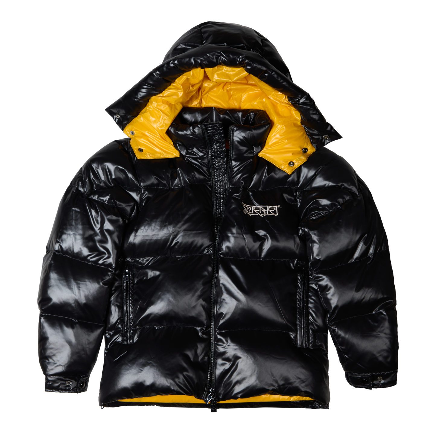 Black puffer jacket with yellow lining sales